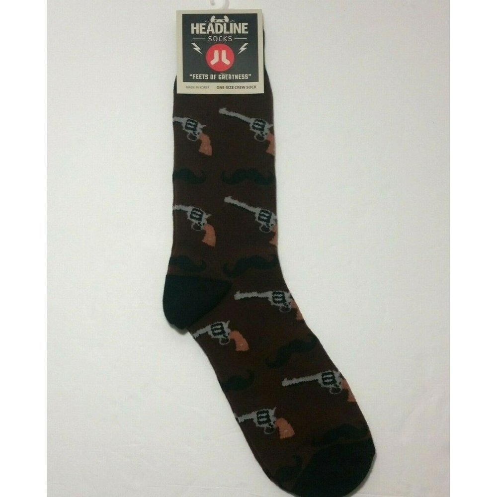 NWT Headline Socks brown with mustache and revolver design one size